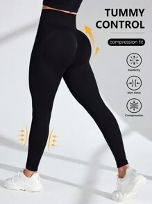 女士純色壓力運動緊身褲 - 黑色 - 查看 1
