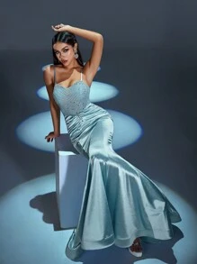 Faeriesty Rhinestone Detail Mermaid Hem Cami Party Dress - Baby Blue - View 1