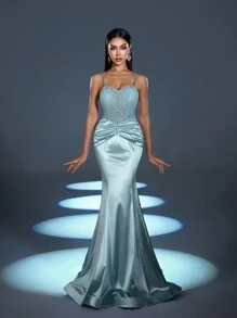 Faeriesty Rhinestone Detail Mermaid Hem Cami Party Dress - Baby Blue - View 4