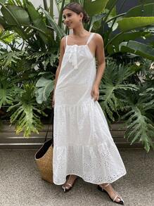 DAZY 女式夏季镂空刺绣荷叶边下摆连衣裙，度假吊带背心裙，邮轮女装太阳裙，返校服