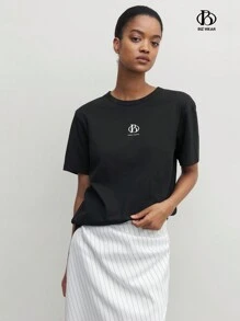 Blusa casual para oficina de mujer con cuello redondo, manga corta y estampado de letras, ropa de oficina de verano