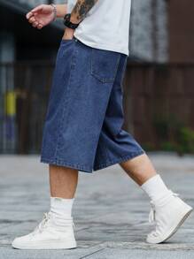 Manfinity Homme Bermuda casual da uomo fino al ginocchio a gamba larga con tasche - Blu lavato scuro - Visualizzare 7