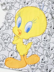 LOONEY TUNES X SHEIN 少女漫畫小黃鴨印花寬鬆舒適睡衣裙，夏季 - 白色 - 查看 3