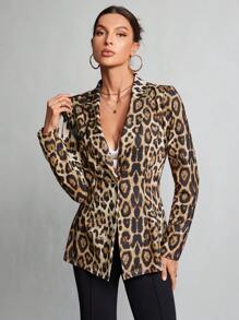SHEIN Tall Autumn And Winter Leopard Print Lapel Single-Button Blazer Suitable For Going Out - Khaki - View 5