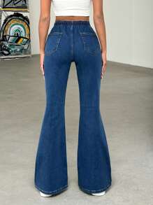 SHEIN Cottnline Quần Jeans Nữ Eo Thấp Eo Co Giãn Chi Tiết Flare Fit - Rửa trung bình - Xem 2