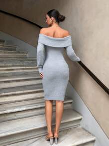 RueChic Abito maglione casuale in mohair con scollatura a Madonna, spalle scoperte e maniche lunghe a mini lunghezza