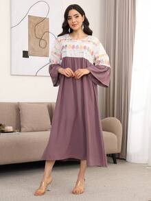ASBB Vestido elegante JALABIYA para mujer árabe con bordado de cuentas pesadas, cuello redondo y patchwork, atuendo casual para vacaciones y fiestas de otoño 2026 - Marrón Chocolate - Ver 6