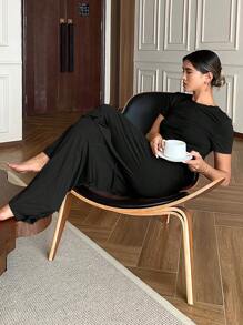 DAZY Casual Drawstring & Pleated Design Home Wear Set Pajama - Black - View 1