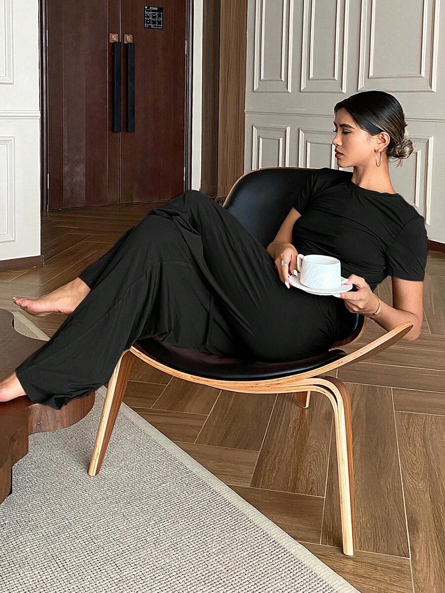 DAZY Casual Drawstring & Pleated Design Home Wear Set Pajama - Black - View 1