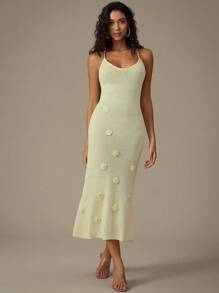 Aveloria Rosie French Beach Holiday Soft Style Waist-Cinching Random Handmade 3D Flower Cami Sweater Dress - Apricot - View 1