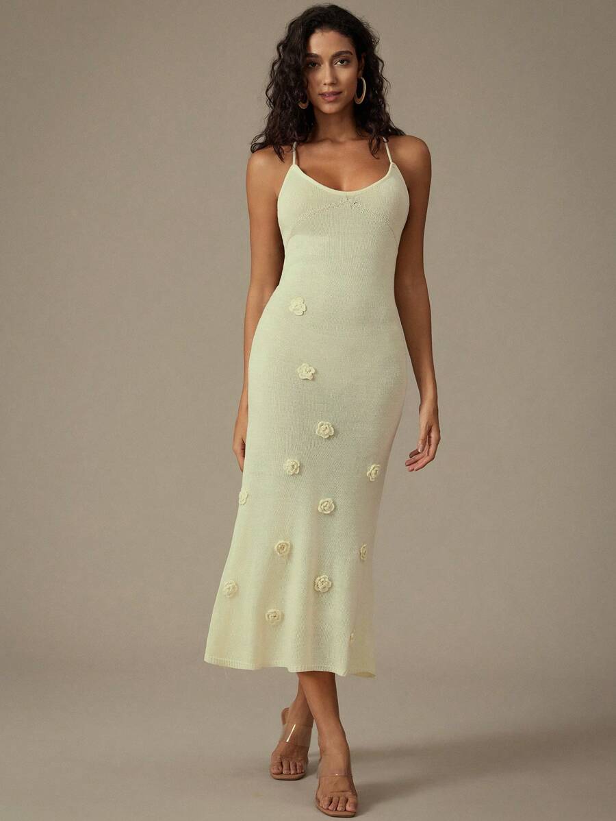 Aveloria Rosie French Beach Holiday Soft Style Waist-Cinching Random Handmade 3D Flower Cami Sweater Dress - Apricot - View 1