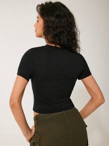 GAWX 艺术家女士短袖卡通印花修身短款上衣 T 恤，夏季图案 T 恤，节日，度假，节日 - 黑色 - 查看 2