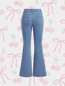 SHEIN MOD 女士喇叭形休闲牛仔裤，带贴袋和系带设计 - 淺色水洗藍 - 查看 2