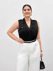 BizChic Áo cánh không tay cổ tròn màu trơn mùa hè cỡ lớn cho nữ thường ngày - màu đen - Xem 5
