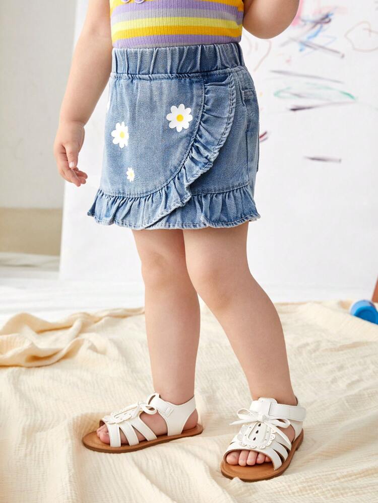 Baby Girl Cute Daisy Printed Elastic Waist Denim Skorts For Casual Or Holiday Outings