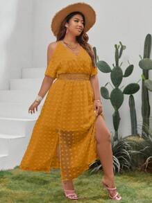 SHEIN VCAY Plus Cold Shoulder Guipure Lace Insert Split Thigh Summer Dress - Yellow - View 6