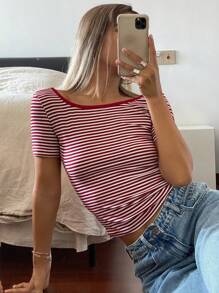 Livesso Women's Striped Square Neck Short Sleeve Slim Fit T-Shirt With Large Open Back, Summer,Halter Top