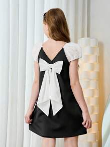 Tween Girl Loose Elegant Color-Block Puff Sleeve Dress With Back Bow Decoration