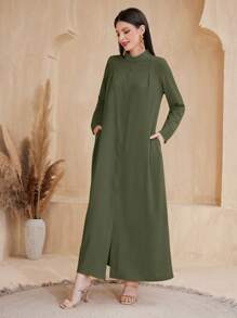 Mulvari 女式休閒長袖阿拉伯風格連衣裙，單排鈕扣設計