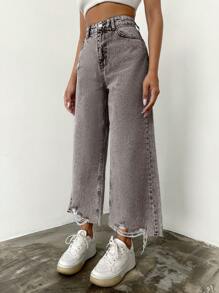 EURMUSE 100%Cotton Women Casual Ripped Wide Leg Jeans - Dark Grey - View 3