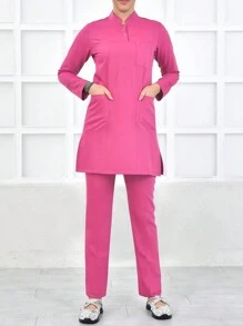 Stand Collar Zipper Hidden Uniform Scrub Set - Pink - View 3