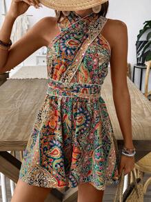 Breezaya Ladies' Paisley Print Criss-Cross Halter Jumpsuit, Holiday Style