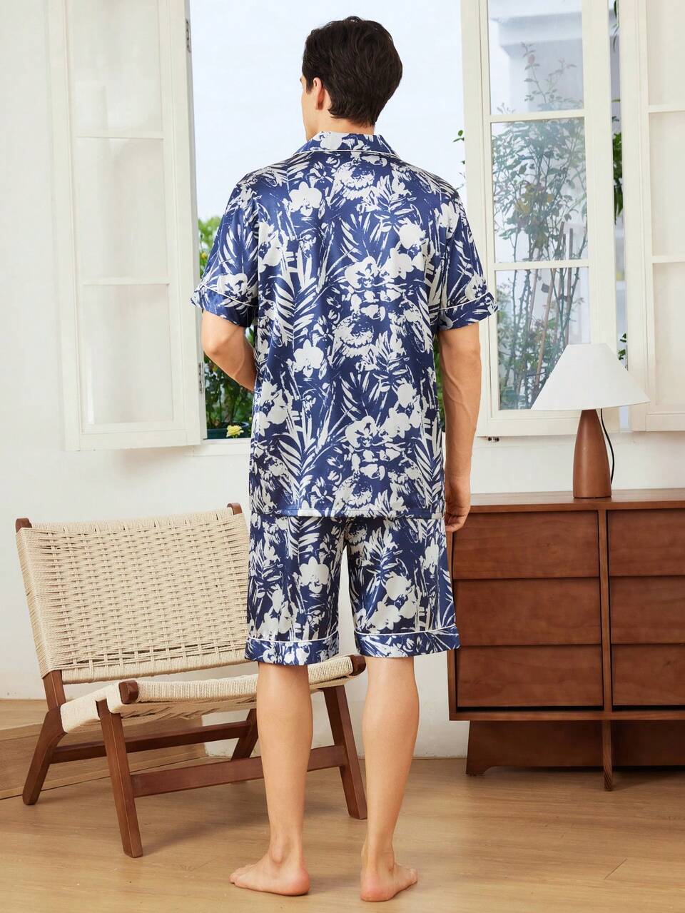 Men's Summer Casual Plant Printed Short Sleeve Top And Shorts Homewear Set