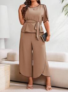 Conjunto de 2 piezas de uso diario con bloqueo de color y tirantes, talla grande, para verano - Caqui - Ver 3