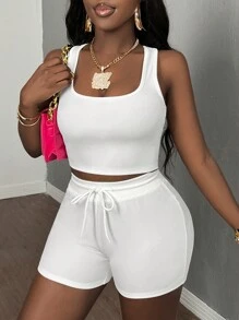 Slaydiva 夏季休閒簡約款U領無袖短背心褲修身套裝女款白色針織兩件套-H - 白色 - 查看 1