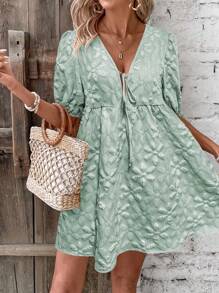 Chiquease 女性夏季V領泡泡袖度假裙 - 綠色 - 查看 1