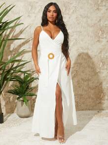 SHEIN SXY Women's Elegant White Summer Cami Dress,Solid Color Split Tropical Vacation Holiday Boho Outfit,Western Wear Birthday Bachelorette Party Concert - White - View 3