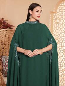 Women's Solid Color Stand Collar, Cuff & Neckline Embellished With Beading, Rhinestones, Asymmetrical Hem Long 2 Pieces Arabic Abaya, Suitable For Various Occasions - Festivals, Gatherings, Daily Wear, Soft & Comfortable - Dark Green - View 6