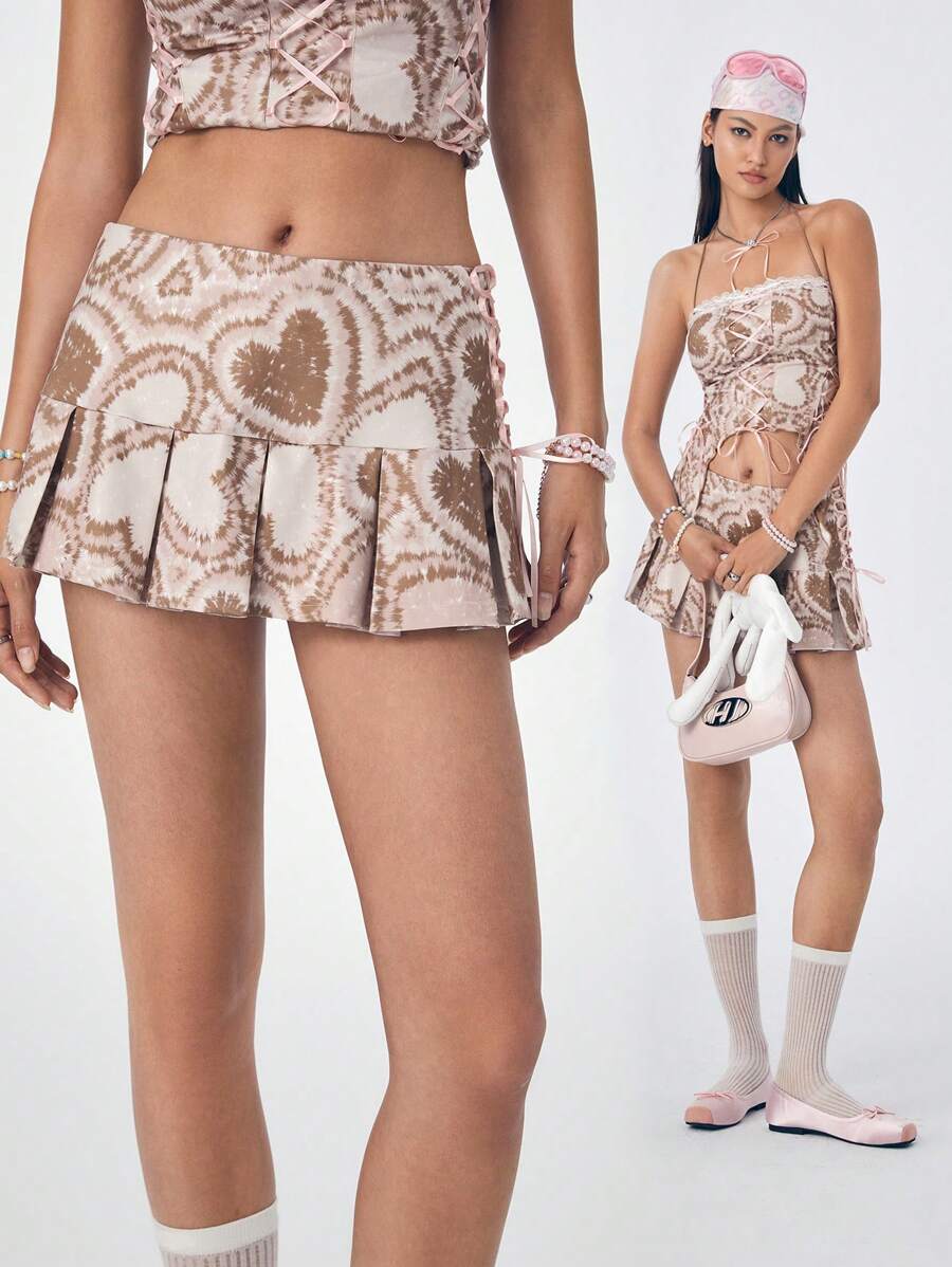 Skyy Designs Co Gonna mini plissettata casual estiva da donna con stampa a cuori, adatta per vacanze, feste, festival di San Valentino o Capodanno - Castano - Visualizzare 1