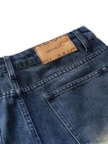 Chillumni Men's Dark Blue Vintage Washed Asymmetric Design Straight Wide-Leg Jeans - Teal Blue - View 13