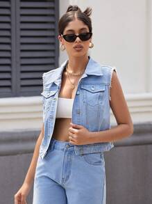 SHEIN Essnce 女士夏季休閒無袖磨邊牛仔夾克背心 - 淺色水洗藍 - 查看 4