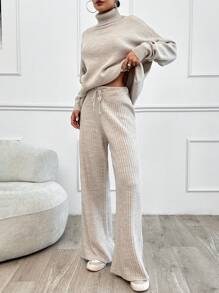 SHEIN Tall 2pcs High Neck Drop Shoulder Sweater And Ribbed Solid Color Sweater Pants, Tall Women - Beige - View 6