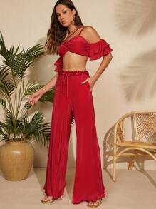 Hauture Của phụ nữ Ngắn Vai lạnh Bộ đồ trên và quần - Đỏ - Xem 4