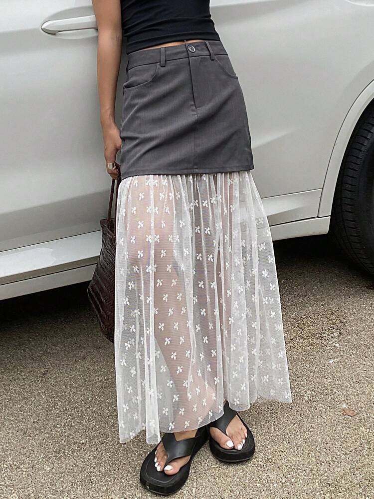 Women's Fashionable Floral Print Mesh Skirt