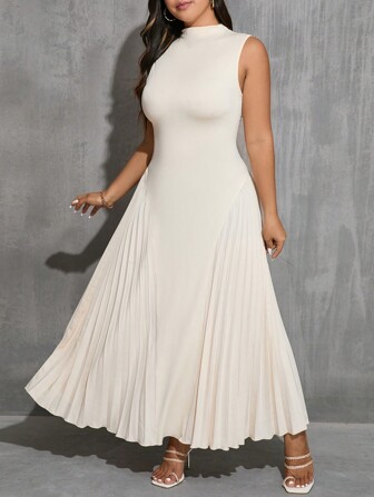 SHEIN Privé 大尺寸夏季優雅卡痕圓領和立領無袖A字裙連衣裙，杏色，適用於假期或休閒外出