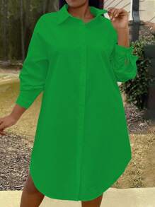 Calvaya Váy sơ mi cài nút màu trơn thường ngày cỡ lớn mùa xuân/hè - màu xanh lá - Xem 4