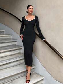 EURMUSE Contrast Binding Sweetheart Neck Raglan Sleeve Long Bodycon Sweater Dress - Black and White - View 6