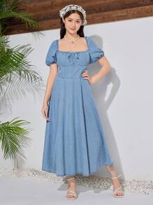 SHEIN Tween Girls Blue Denim Dress - Blue - View 5