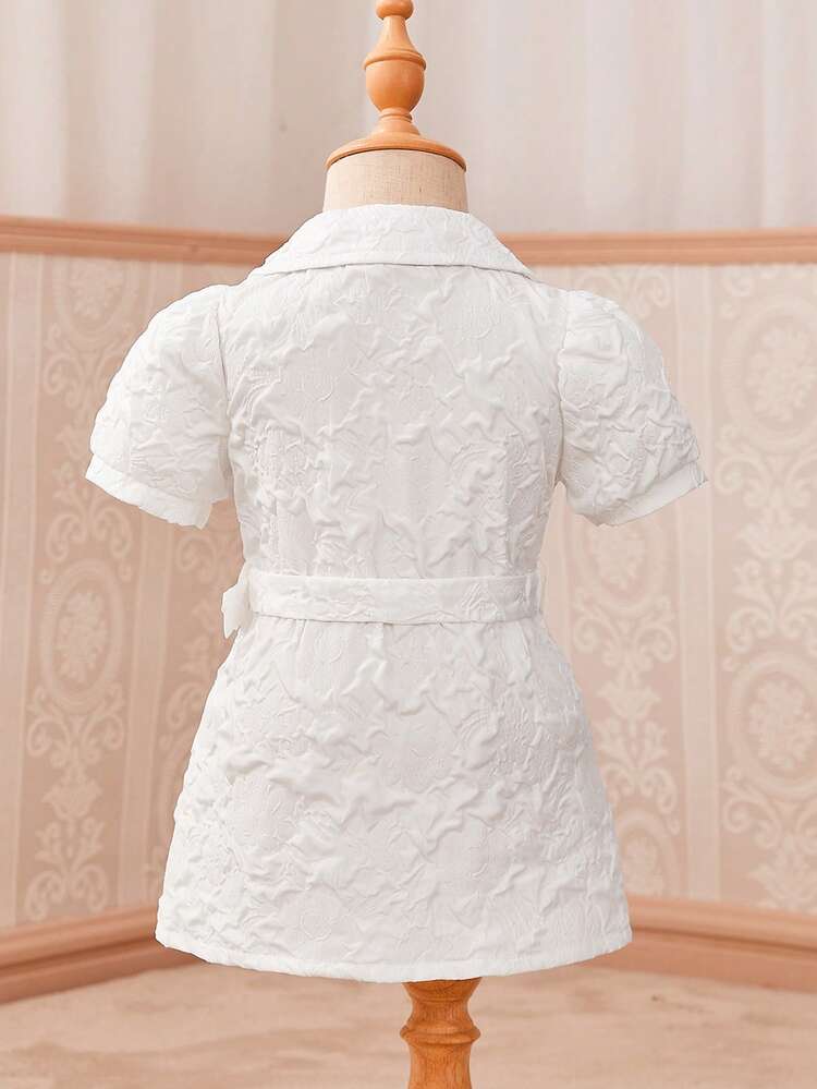 Baby Girl Jacquard Puff Sleeve Belted Shirt Dress