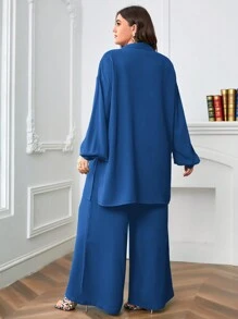 SHEIN LUNE Plus Size Spring/Summer/Autumn Loose Fit Long Sleeve Shirt And Wide-Leg Pants 2-Piece Set For Autumn & Winter