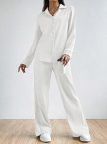 SHEIN EZwear Women's Plain And Simple Daily Wear Shirt And Long Pants Two-Piece Set - White - View 7