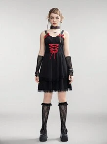 SHEIN Teenage Girls' Double Layered Dress With Bow Decoration, Cross Tie Back And Chest Cups