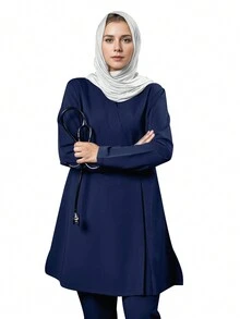 长袖 V 领开衩长线手术服套装 - 藏蓝色 - 查看 3