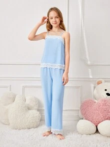 Bộ 2 Bộ Đồ Ngủ Cho Bé Gái, Áo Vest Dây Spaghetti & Quần Dài Thường Ngày - Màu xanh lam - Xem 4