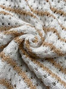 Women's Crochet Knit Striped Sweater Vest, Lightweight Round Neck Ruffle Trim Short Sleeve Top