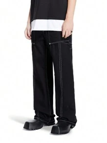 Manfinity Hypemode Men's Loose Straight-Leg Jeans With Contrast Stitching And 3D Cut, Black - Black - View 1